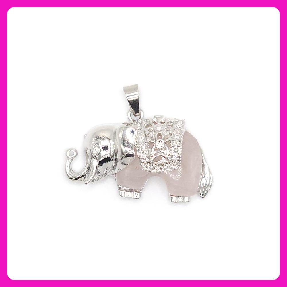 Elephant Necklace Pink Rose Quartz 18in Boho Spiritual